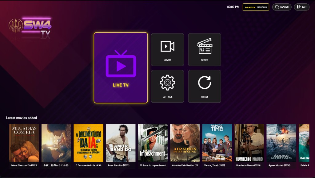 App home screen with live TV, movies and series